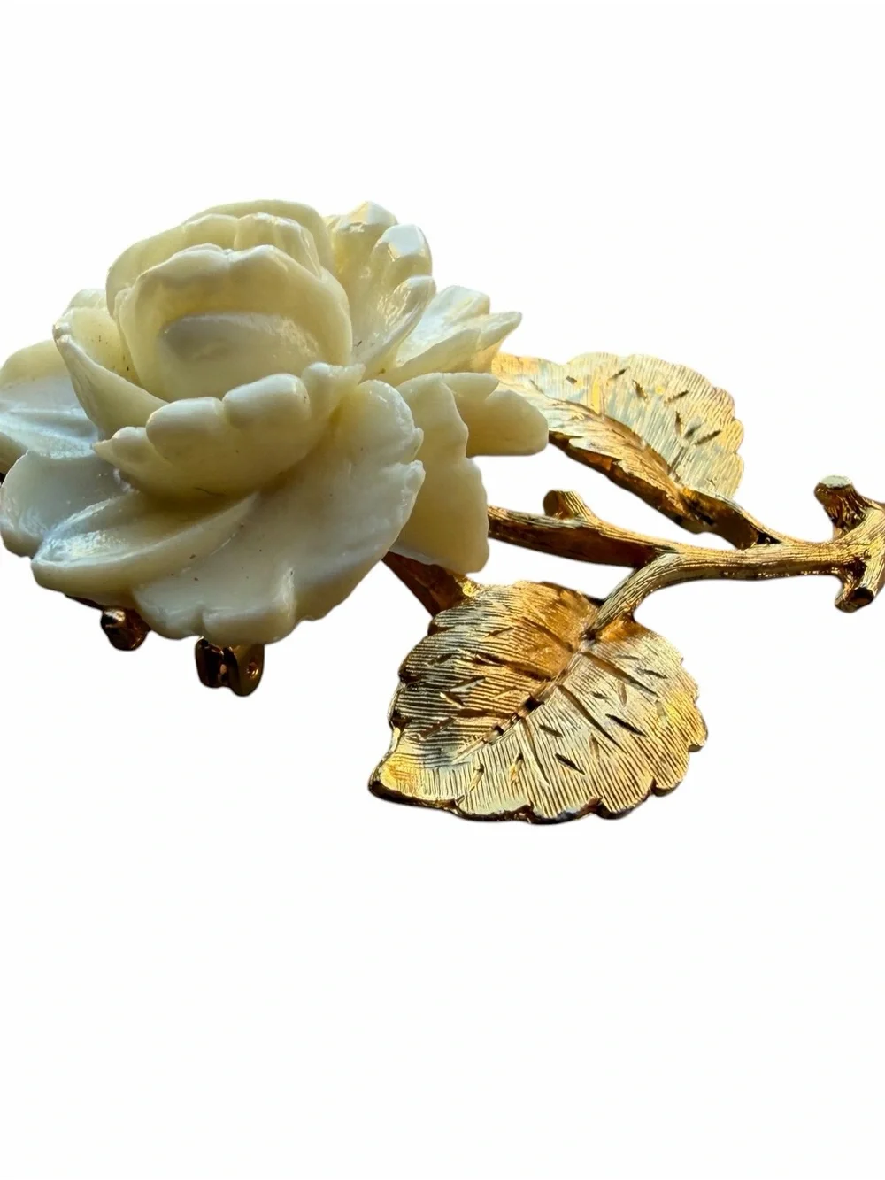 Vintage Carved Ivory Rose Brooch Textured Gold Stem Pin